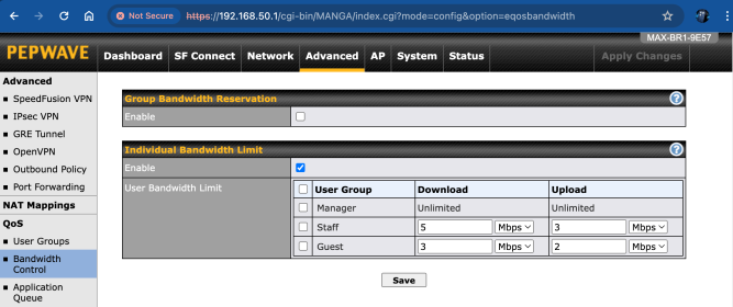 Utilizing Peplink QoS Bandwidth User Groups 10 Peplink QoS Individual Bandwidth Limit